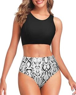 Two Piece Sporty High Waisted Bikini Swimsuits For Women-Black Snake