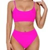 Padded Push Up Bras High Waisted Bikini Sporty Scoop Neck Swimsuits-Neon Pink