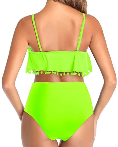 High Waisted Bikini Great Tummy Control Ruffle Swimsuit For Women-Neon Green 2 High Waisted Bikini Great Tummy Control Ruffle Swimsuit For Women-Neon Green - Image 2