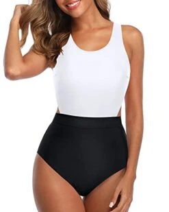 Side Cut Out One Piece Tummy Control Cutout Swimsuits For Teen Girls-White And Black -Bikini Beach Shop 41b o5otgHL