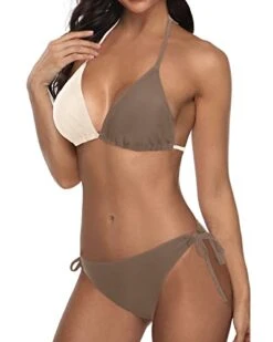 Adjustable Ties Halter Top Thong Bikini Swimsuit For Women-Brown -Bikini Beach Shop 41bcZ OS UL
