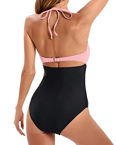 Women's Tummy Control Ruched High Waisted Swim Shorts Bikini Bottom-Pink And Black 2 Women's Tummy Control Ruched High Waisted Swim Shorts Bikini Bottom-Pink And Black - Image 2