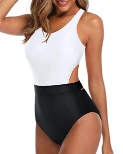 Side Cut Out One Piece Tummy Control Cutout Swimsuits For Teen Girls-White And Black