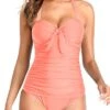 Bowknot One Piece Swimsuits Ruched Slimming Halter Bathing Suits For Women-Coral Pink