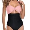 Stylish High Waisted Halter Sexy Cutout One Piece Swimsuits-Pink And Black