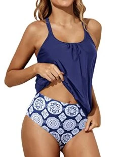 Stylish Criss Cross Back Blouson Two Piece Tankini-Navy Blue Tribal -Bikini Beach Shop 41c1JhkMPTL
