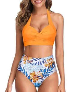 Women's Two Piece Highwaist Bikini Bathing Suit Figure-Flattering Pleated Front Panel-Yellow Floral