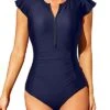Women's Zip Front Short Sleeve One Piece Rash Guard-Navy Blue