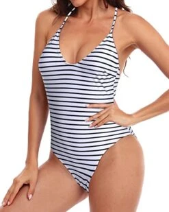 Adjustable Crisscross Straps Cross Back One Piece Swimwear-Black White Stripe 7 Adjustable Crisscross Straps Cross Back One Piece Swimwear-Black White Stripe -Bikini Beach Shop 41c3Tz8SpdL