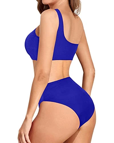 High Waisted One Shoulder Two Piece Bikini For Women-Royal Blue 2 High Waisted One Shoulder Two Piece Bikini For Women-Royal Blue - Image 2
