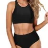 Athletic Crop Top Sporty High Waisted Bikini Set-Black