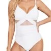 Tummy Control Cutout Mesh One Piece Bathing Suits For Women-White