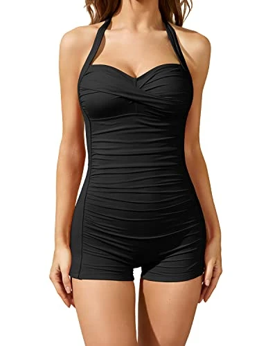 Retro Bathing Suit Halter Swimwear Shorts Boyleg-Black 1 Retro Bathing Suit Halter Swimwear Shorts Boyleg-Black
