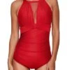 High Neck Ruched Monokini One Piece Swimsuit Mesh Plunge For Women-Red