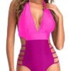 Women's High Leg Cutout One Piece Swimsuits Plunge V Neck Swimwear