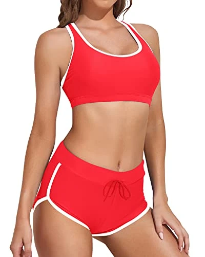 Women Athletic 2 Piece Swimsuit Bikini For Vacation-Red White 1 Women Athletic 2 Piece Swimsuit Bikini For Vacation-Red White