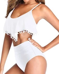 Ruffle Flounce High Waisted Bikini Women's Two Piece Swimsuit With Pom Pom Trim -Bikini Beach Shop 41cWcczgsXL