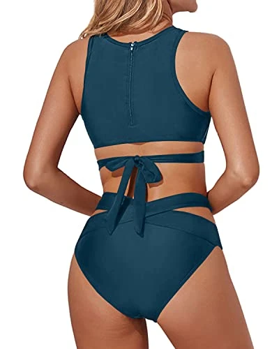 High Neck Bikini Set Cutout Strappy Two Piece Swimsuits-Teal 2 High Neck Bikini Set Cutout Strappy Two Piece Swimsuits-Teal - Image 2