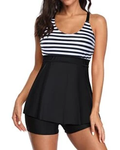 Modest 2 Piece Tummy Control Bathing Suits Boyshorts-Black And White Stripe -Bikini Beach Shop 41cfzlQhWZL