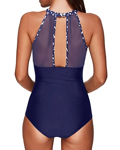 High Neck Mesh Plunge Monokini Bathing Suit Women One Piece Swimsuit-Navy Blue Dots 2 High Neck Mesh Plunge Monokini Bathing Suit Women One Piece Swimsuit-Navy Blue Dots - Image 2