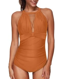 Women's High Neck Plunge Mesh Ruched Push-Up Monokini Swimsuit-Dark Orange