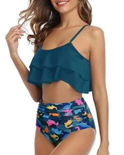 Retro High Waisted Ruffle Ruched Women's 2 Piece Bikini Set-Blue Green Dinosaur -Bikini Beach Shop 41cutAmeUlL