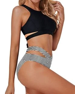 High Neck Cutout Criss Cross Bandage Two Piece Bathing Suits-Black And White Stripe -Bikini Beach Shop 41d6pb9gYUL