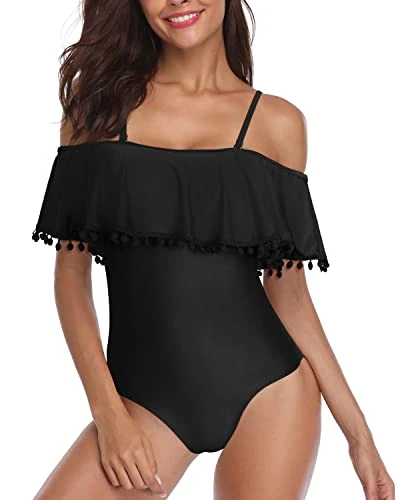 Tummy Control Off Shoulder Ruffled One Piece Swimsuit-Black 2 Tummy Control Off Shoulder Ruffled One Piece Swimsuit-Black - Image 2