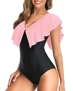 Flattering V Neck Ruffle Shoulders One Piece Swimsuit For Women-Pink And Black 6 Flattering V Neck Ruffle Shoulders One Piece Swimsuit For Women-Pink And Black -Bikini Beach Shop 41dGnGYdtoL