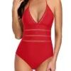 Mesh Waist Hollow Out Monokini Halter One Piece Swimsuits-Red