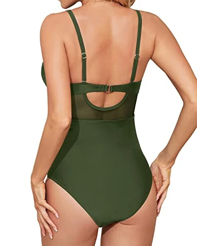 Women's Tummy Control Cutout Mesh One Piece Swimwear-Army Green 2 Women's Tummy Control Cutout Mesh One Piece Swimwear-Army Green - Image 2