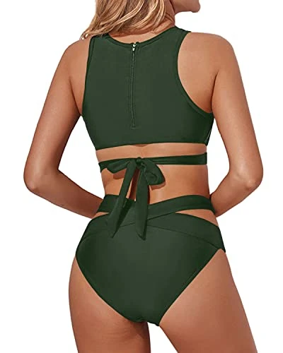 Slim Fit High Neck Bandage Two Piece Bathing Suits-Army Green 2 Slim Fit High Neck Bandage Two Piece Bathing Suits-Army Green - Image 2