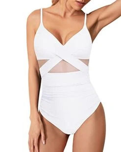 Tummy Control Cutout Mesh One Piece Bathing Suits For Women-White -Bikini Beach Shop 41dohRDbDsL