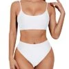 High Cut Bathing Suit High Waisted Bikini Sporty Scoop Neck Swimsuits-White