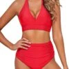 Slimming Ruched High Waisted Swimsuits 2 Piece Bikini Bathing Suits-Neon Red