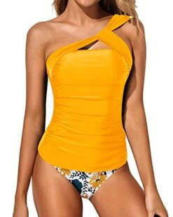 Women's 2 Piece Tankini One Shoulder Top & Tummy Control Shorts-Yellow Floral