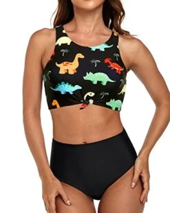Tummy Control Swimsuits Sporty Two Piece Swimsuits-Black Dinosaur