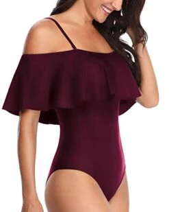 Women's One Piece Off Shoulder Ruffle Swimsuit-Maroon -Bikini Beach Shop 41e18M6qeGL 52ba7566 feee 4489 b335 561e563f5b6b