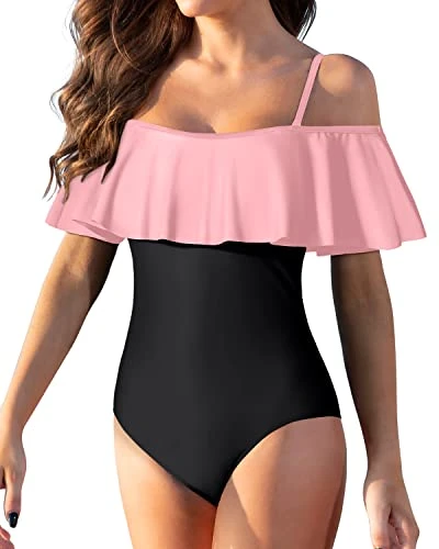 Padded Bra Off Shoulder One Piece Swimsuit For Women-Pink And Black 4 Padded Bra Off Shoulder One Piece Swimsuit For Women-Pink And Black - Image 4