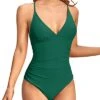 V Neck One Piece Swimsuits Tummy Control For Women-Emerald Green