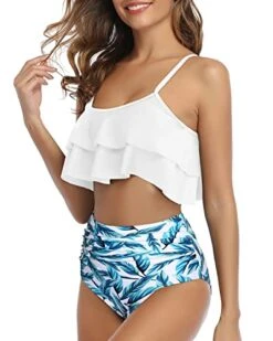 Flirty Ruffle High Waisted Ruched Women's 2 Piece Bikini Set-White Leaf 6 Flirty Ruffle High Waisted Ruched Women's 2 Piece Bikini Set-White Leaf -Bikini Beach Shop 41eDZQqW59L 5736703f 1128 436d 8137 2e0192741724