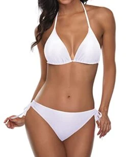New Release 13 Feminine Two Piece Halter Padded Top Tie Side Bottom Triangle Bikini Bathing Suit-White