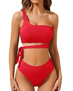 Two-Piece Ruched High Waisted One Shoulder Bikini Set-Red -Bikini Beach Shop 41eQeQQimqL