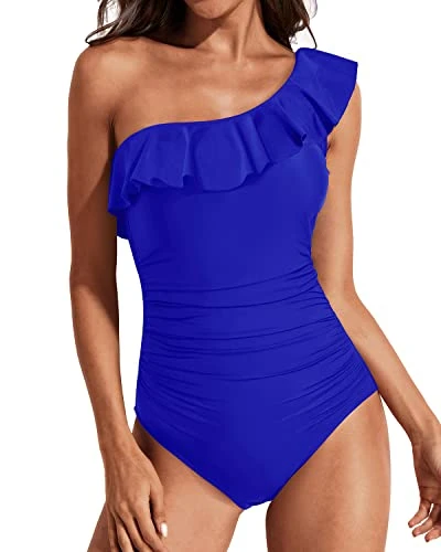Front Ruched One Shoulder Swimwear-Royal Blue 1 Front Ruched One Shoulder Swimwear-Royal Blue