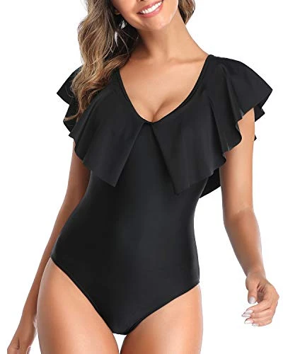 Flounce Sleeve V Neck One Piece Swimsuit For Women-Black 1 Flounce Sleeve V Neck One Piece Swimsuit For Women-Black
