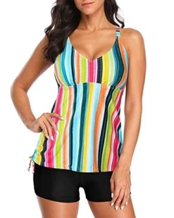 High Waisted Boyshorts Tummy Control Tankini For Women-Colorful Stripes -Bikini Beach Shop 41eso1m79 L