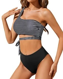 Stylish & Chic High Waisted Two Piece One Shoulder Bikini Set-Black And White Stripe -Bikini Beach Shop 41etTXbmXqL