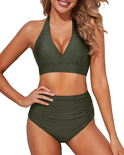Cute Two-Piece Bikini Double Buckles 2 Piece Bikini Bathing Suits-Army Green 1 Cute Two-Piece Bikini Double Buckles 2 Piece Bikini Bathing Suits-Army Green