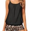 High Waisted Boy Shorts Tankini Bottoms Blouson Tankini Swimsuits-Black And Leopard