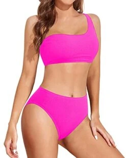 High Cut Two Piece Bikini One Shoulder For Women-Neon Pink -Bikini Beach Shop 41fD8FdAQVL